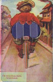 Everything Bicycles - : USA POSTMARKED 1908 - I`m not a cheap skate, I`m perfumed (Her posterier is padded fabric): Post Cards-Antique