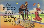 Everything Bicycles - : USA POSTMARKED 1950, I`M RIDING HIGH-NO SPEED LIMIT!: Post Cards-Antique