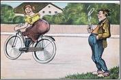 Everything Bicycles - : USA c.1950`s, LADY ON BIKE, MAN WITH PIPE SMOKIN`: Post Cards-Antique