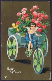 Everything Bicycles - : USA c.1910`s, TRICYCLE WITH PINK FLOWERS-BEST WISHES : Post Cards-Antique