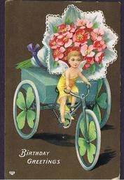 Everything Bicycles - : USA c.1910`s, TRICYCLE WITH PINK FLOWERS-BIRTHDAY GREETINGS: Post Cards-Antique