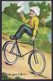 Everything Bicycles - : USA c.early 1900`s, #2 OF A 6 CARD SERIES - `PRIDE GOES BEFORE` (Riding backwards while sitting on the handlebar): Post Cards-Antique