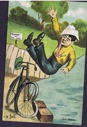 Everything Bicycles - : USA c.early 1900`s, #3 OF A 6 CARD SERIES - `A FALL` (Hits guard rail, falls into lake): Post Cards-Antique